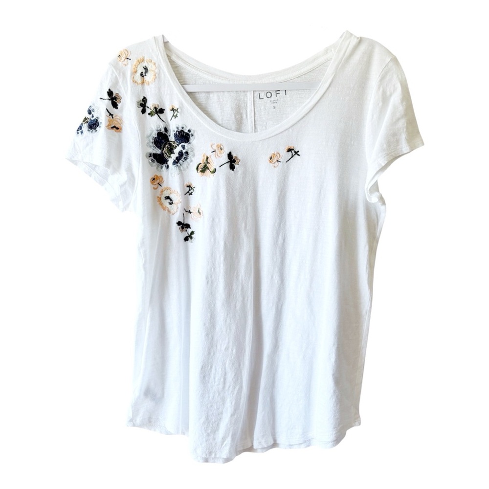 LOFT Floral Embroidered White Tee